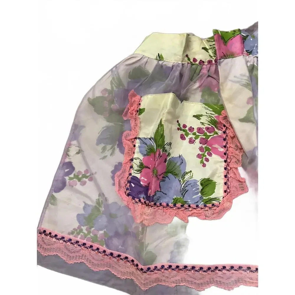 Vintage Floral Organza apron with Decorative Pocket and Lace Trim